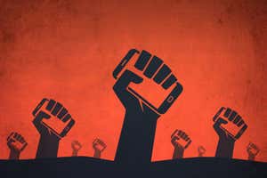 Revolution or protests. Hands holding smartphones